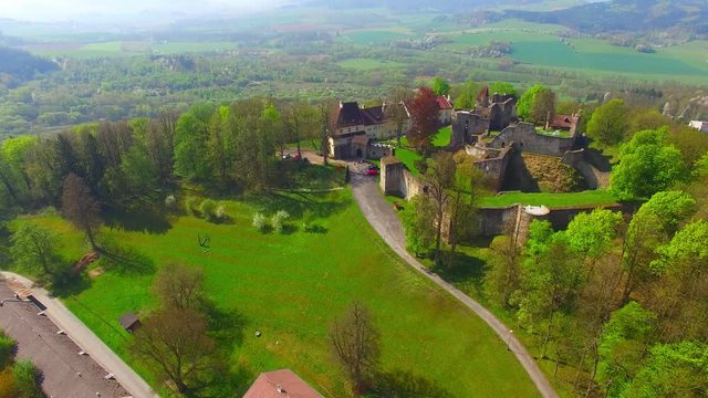 Drone flight around of Klenova castle was built in 1291 as a part of the frontier defence system. Aerial view of famous Czech landmark. European monuments from above.