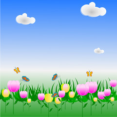 Fototapeta na wymiar colorful flower garden with a cloud ,illustration vector.