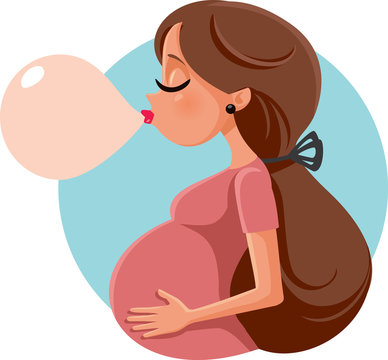 Funny Bubble Gum Pregnant Woman Vector Cartoon