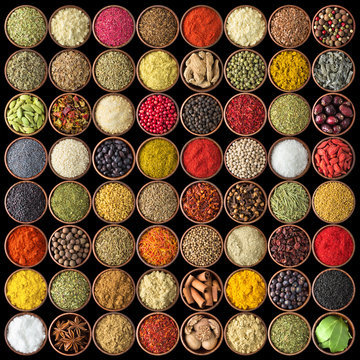 Spices and herbs isolated on black background. Various spices for food