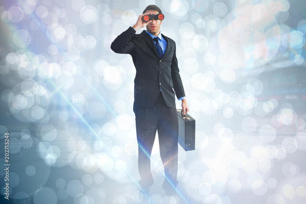 Poster businessman using binoculars while holding a briefcase against light glowing dots design pattern