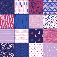 Set of 16 seamless texture. Drops, points, lines, stripes, circles, triangles, rectangles. Abstract forms drawn a wide pen and ink. Backgrounds in pink, blue, violet. Vector illustration.