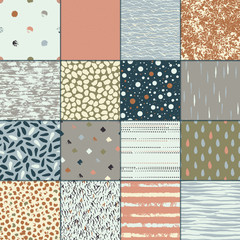 Set of 16 seamless texture. Drops, points, lines, stripes, circles, rectangles. Abstract forms drawn a wide pen and ink. Backgrounds in blue, green, beige, pink. Hand drawn. Vector illustration.