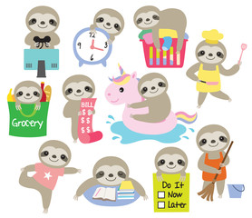 Vector illustration of cute baby sloth with activities such as cooking, cleaning, gaming, studying, doing laundry, etc.
