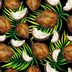 Seamless texture. Coconut. On a black background. Pattern. - 202714880