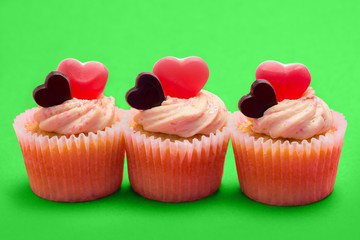 Three valentines cupcakes in a row
