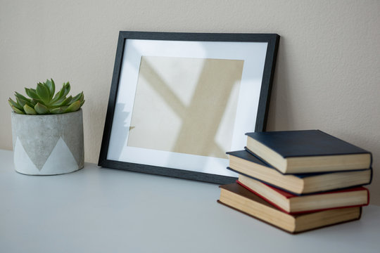 Books with picture frame and pot plant