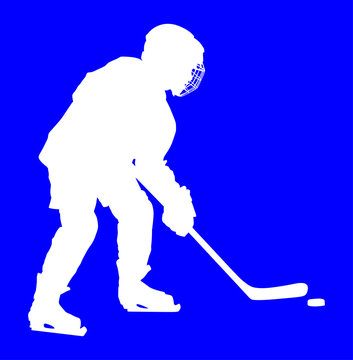 Vector hockey player silhouette with stick and a washer. Shoots the puck and attacks vector. Skating on ice. 