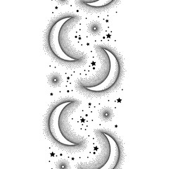 Vector vertical seamless pattern with dotted half moon and stars in black on the white background. Design with astronomy symbols in dotwork style. Monochrome galaxy background with crescent and star. © bokasana