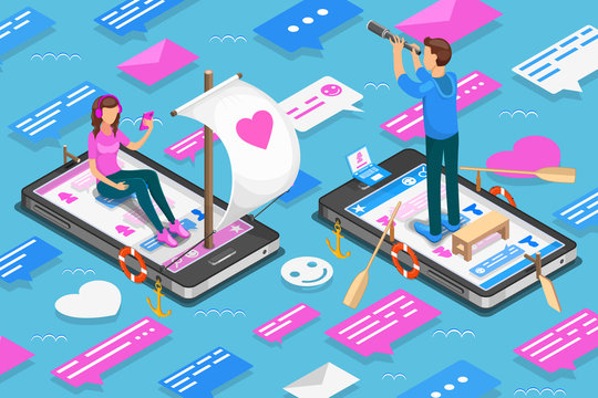 Virtual relationships and online dating isometric concept. Teenagers are looking for a couple in social networks. Vector illustration