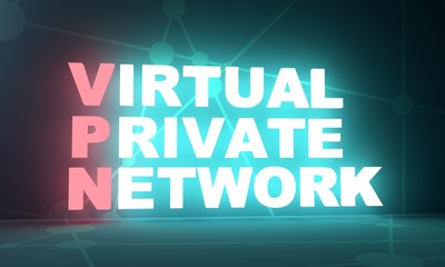 Naklejka na ściany i meble Acronym VPN - Virtual Private Network. Internet conceptual image. 3D rendering. Neon bulb illumination