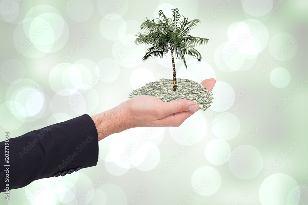 Poster close up of businessman with empty hand open against grey abstract light spot design