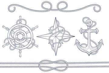 Nautical design elements. Steering wheel, windrose, anchor with rope. Hand drawn sketch
