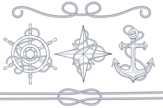 Nautical design elements. Steering wheel, windrose, anchor with rope. Hand drawn sketch