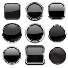 Glass 3d buttons set. Black round and square icons with chrome frame