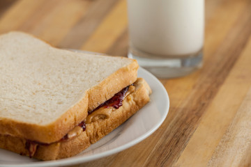 Peanut butter and jam sandwich on plate