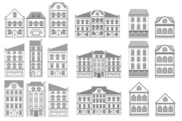 Houses. Set of european old buildings. Outline drawing