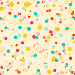 Colorful messy dots on beige background. Festive seamless pattern with round shapes. Grunge dotted texture for wrapping paper, web. Vector illustration.