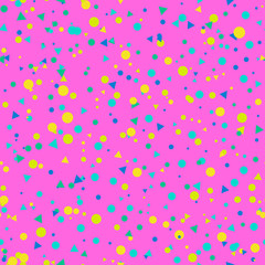 Colorful messy dots on pink background. Festive seamless pattern with round shapes. 80-90 retro dotted texture for wrapping paper, web. Vector illustration.