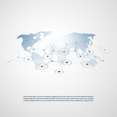 Cloud Computing, Networks Structure, Telecommunications Concept Design, Worldwide Network Connections with World Map, Transparent Geometric Mesh - Vector Illustration