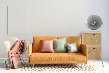 Modern interior with sofa and chair. Wall mock up. 3d illustration.