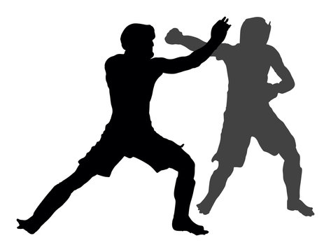 Two mma fighters vector silhouette illustration isolated on white background. Multi martial arts competition. wrestling, ancient skill. Heroes in ring, octagon, battle fight.