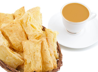 Indian Tea Time Breakfast Khari Also Know as Kharee, Khari Biscuit or Salty Puff Pastry Snacks, Served with Indian Hot Masala Chai or Hot Tea Isolated on White Background