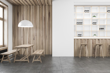 Wooden bar interior with shelves