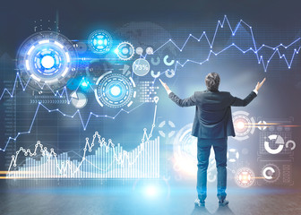 Happy businessman gesturing, HUD stats interface