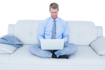 Handsome businessman sitting on sofa using his laptop