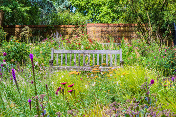 Wooden park bench among an abundance of wild flowers in an English garden