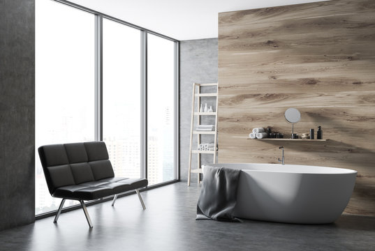Loft wooden bathroom corner, white tub