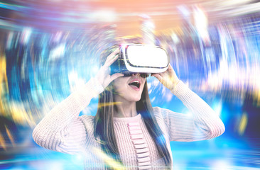 Astonished VR glasses woman in the future