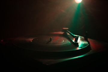Turntable vinyl record player. Retro audio equipment for disc jockey. Sound technology for DJ to...