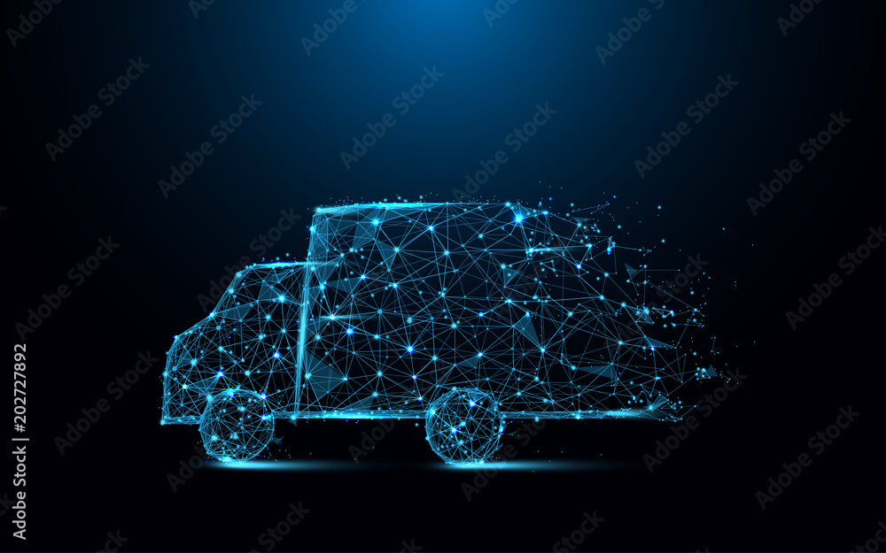 Poster fast delivery truck icon form lines and triangles, point connecting network on blue background. illu