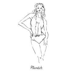 Portrait of sexy retro pin up girl in  plandzh type of one piece swimsuit with inscription, hand drawn outline doodle, sketch in pop art style, black and white vector illustration