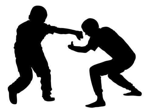 Two boys fighting vector silhouette. Two young brothers fight vector silhouette illustration. Angry kid terror. Street hitting and punching after school.