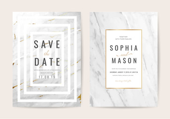 Luxury wedding invitation cards with marble and gold texture vector