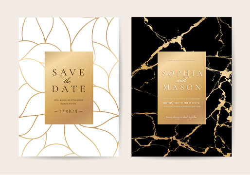 Luxury wedding Invitation cards with black marble texture and gold line vector