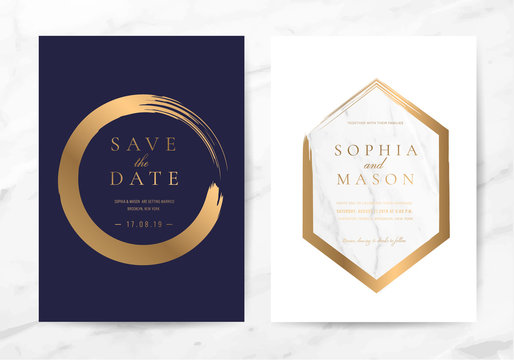 Luxury wedding invitation cards with marble and rose gold texture vector