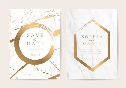 Luxury wedding invitation cards with marble and gold texture vector