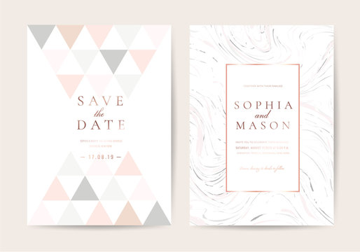 Minimal wedding cards with marble and rose gold texture