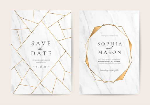 Luxury wedding invitation cards with marble texture background vector illustration