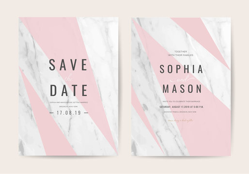 Luxury wedding invitation cards with marble texture background vector illustration