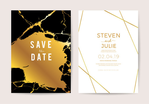 Wedding Invitation cards with black marble texture and gold line vector