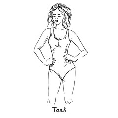 Portrait of sexy retro pin up girl in tank  type of one piece swimsuit with inscription, hand drawn outline doodle, sketch in pop art style, black and white vector illustration