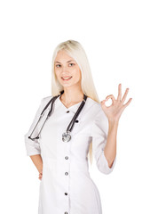 female doctor with stethoscope on a white background
