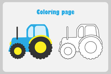 Tractor in cartoon style, coloring page, education paper game for the development of children, kids preschool activity, printable worksheet, vector illustration