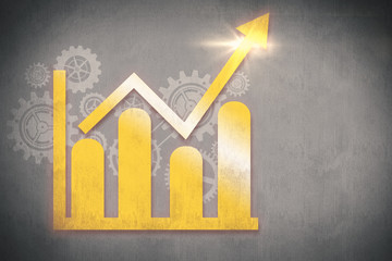 Bar chart and arrow against white and grey background