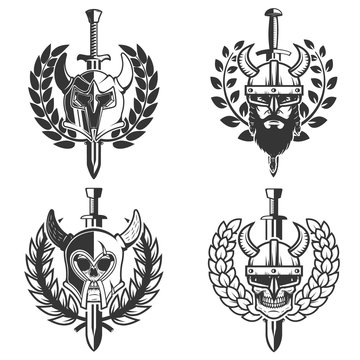 set of helmets with wreath and sword. Design element for logo, label, emblem, sign.